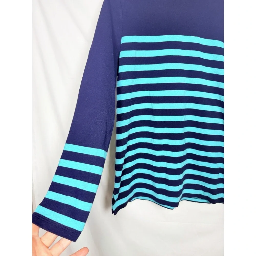 Talbots Striped Mock Neck Top Womens Large Blue Teal Cotton Modal Stretch Knit